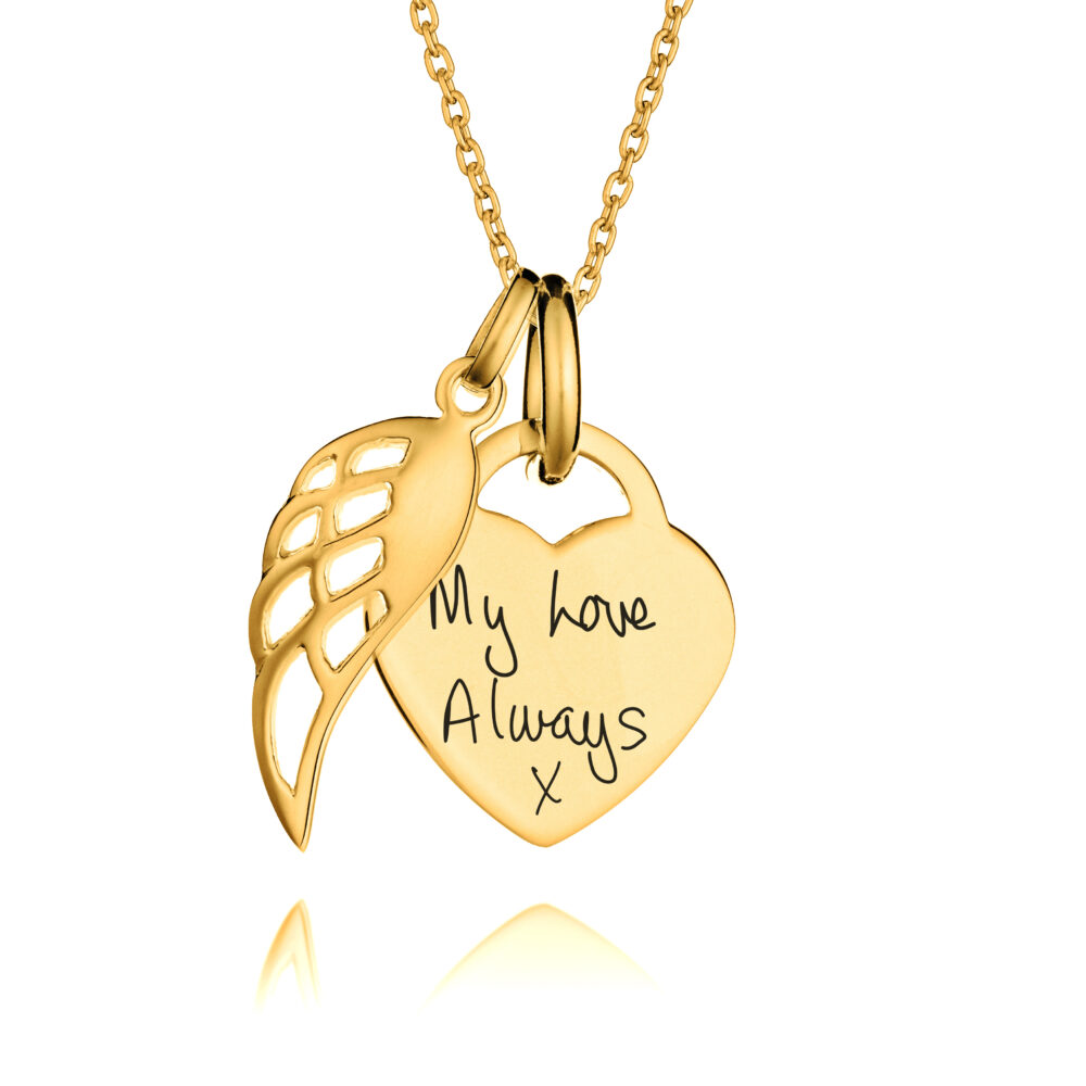 Gold Angel Wing Handwriting Necklace