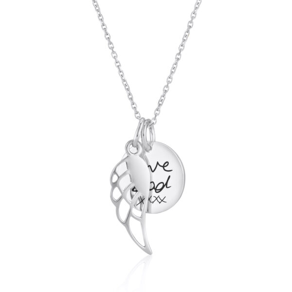 Silver Angel Wing Disc Handwriting Necklace