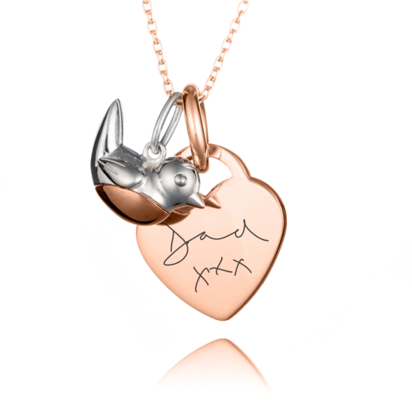 Rose Gold Robin Heart Handwriting Necklace - Memorial Jewellery